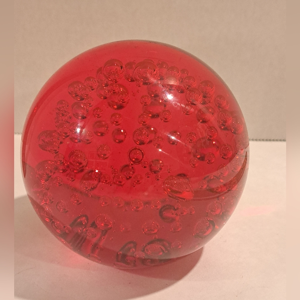 Stunning Art Glass Red Glass Paperweight With Controlled Bubbles.